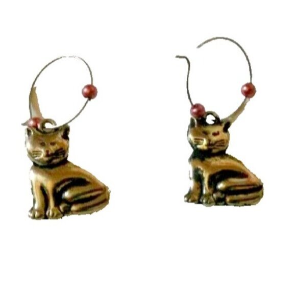 Cute silver tone loop dangle cat kittens earrings - Picture 3 of 4